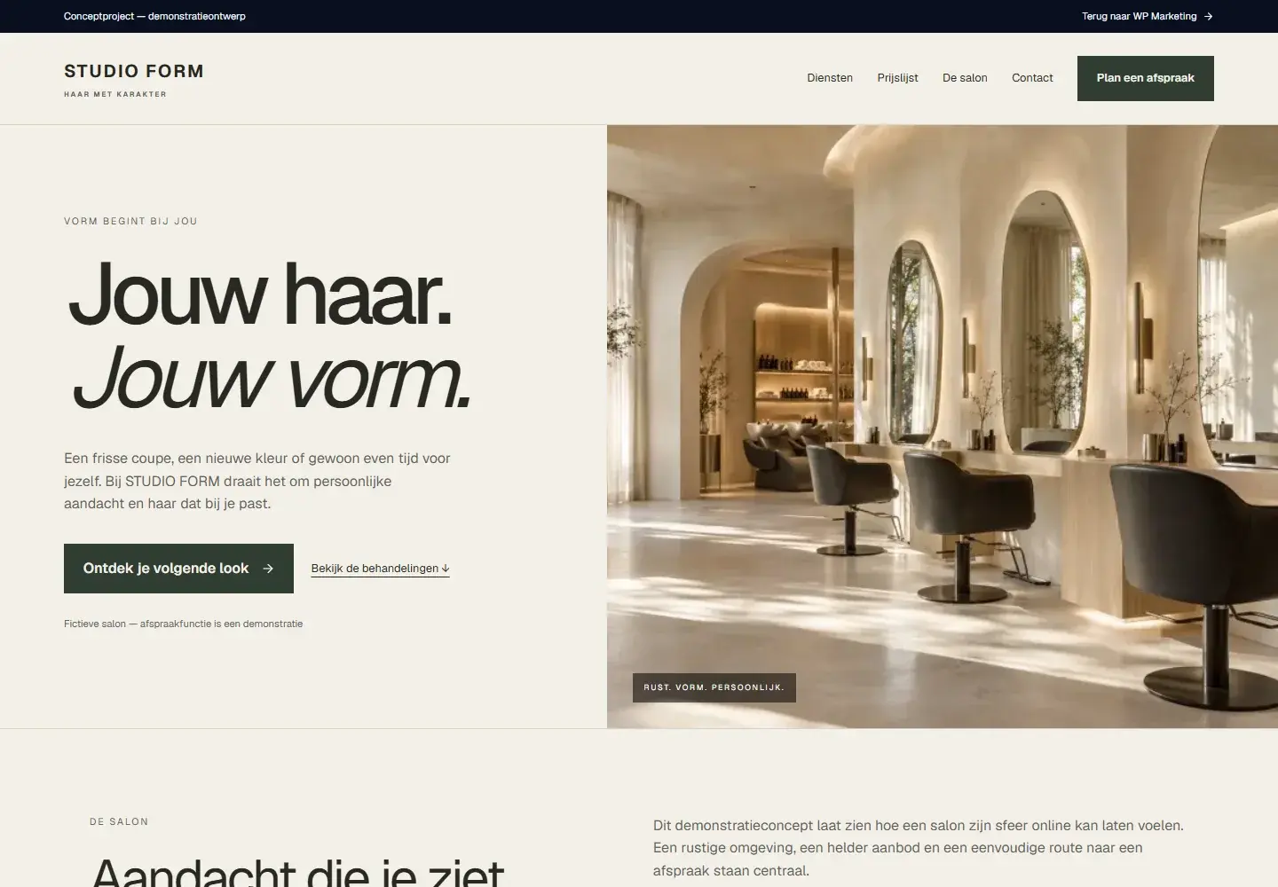 Echte desktopweergave van de STUDIO FORM demonstratiewebsite